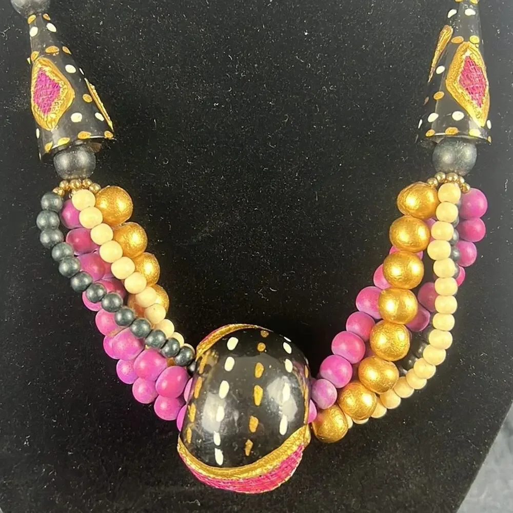 Hand Painted Wood Beaded Necklace & Earring Set Black Gold Magenta Statement